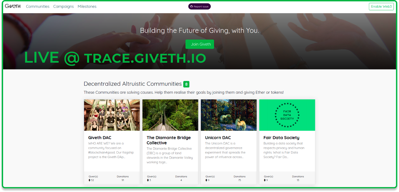 Giveth TRACE homepage