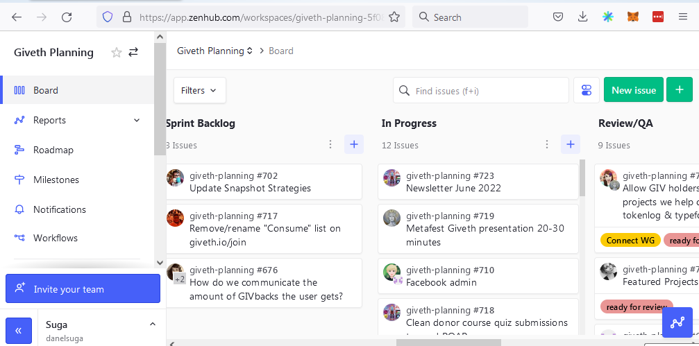 planning board for comms with zenhub